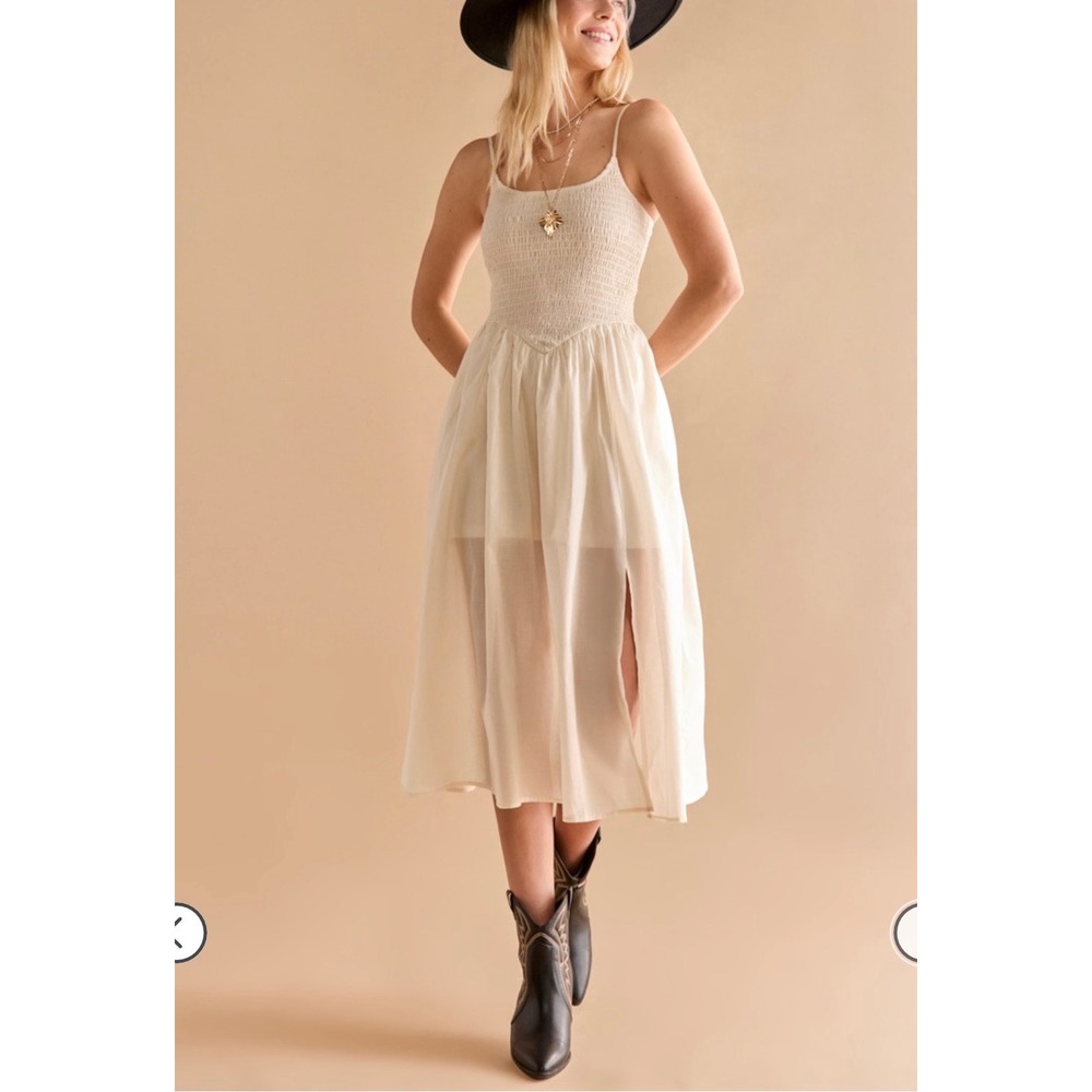 Francesca's Tessa Smocked V Waist Midi Dress Cream Off White Medium boho summer
